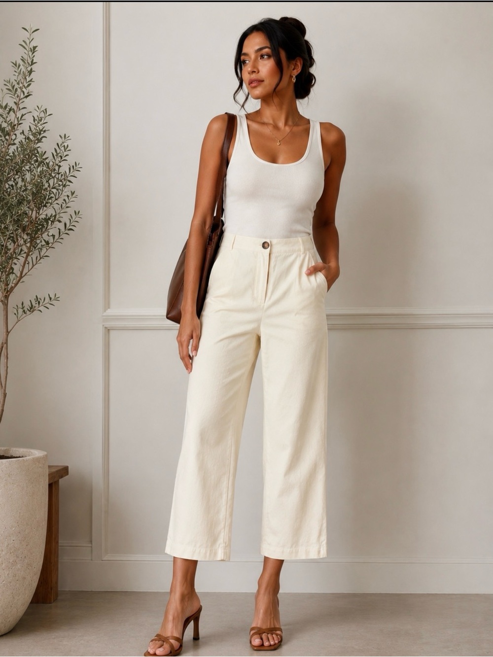 Ann Taylor Cream Wide-Leg Cropped Trousers